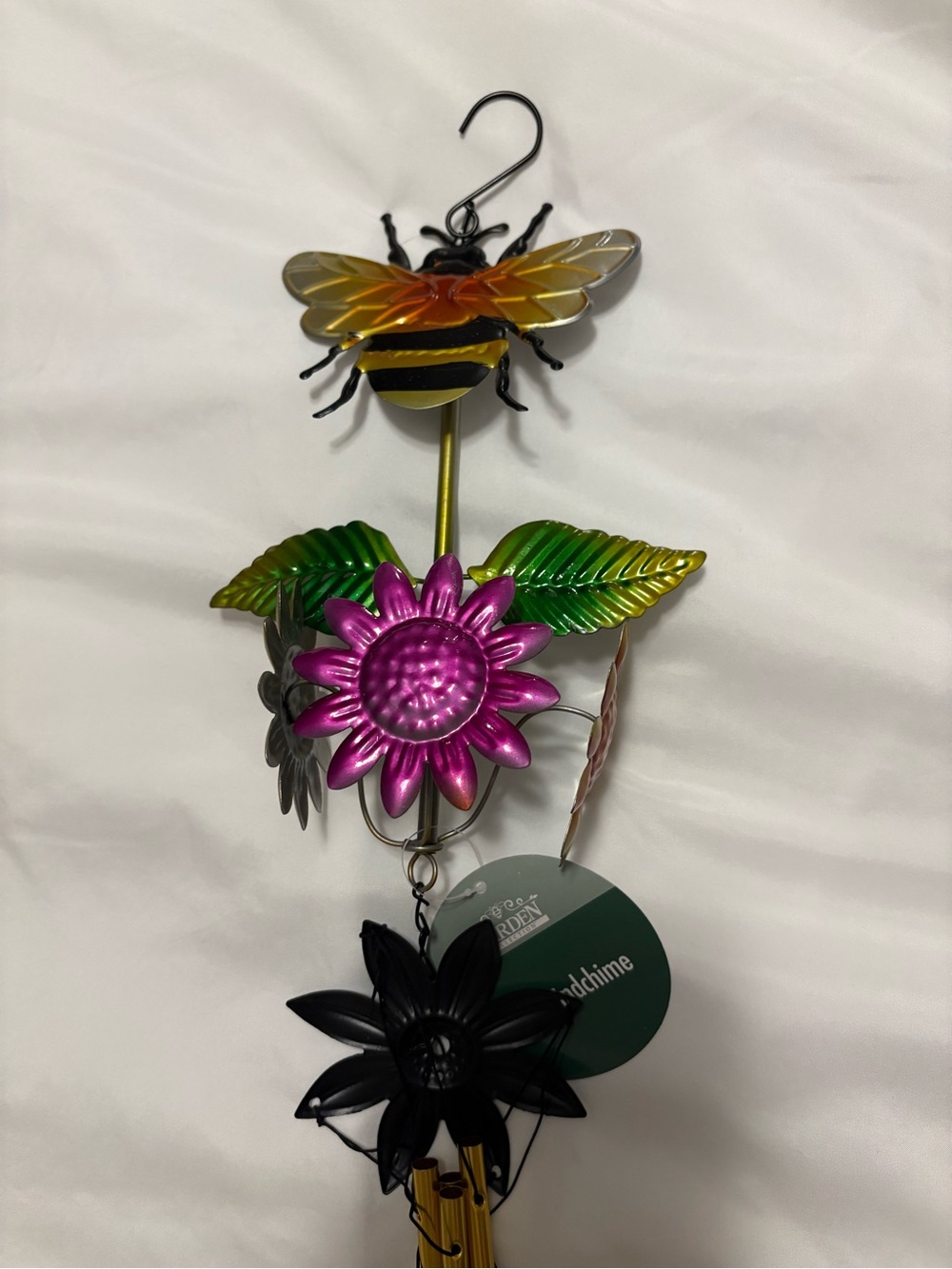 Bright Bee & Flower Metal Windchime - Yellow, Pink, Green
